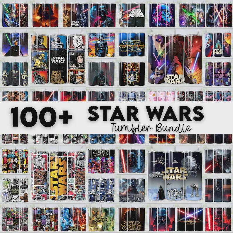 Op de afbeelding: Een verzameling Star Wars-thema bekers, met verschillende personages en sc&egrave;nes uit de franchise. De afbeelding toont een breed scala aan ontwerpen, waaronder Darth Vader, Stormtroopers en iconische logo's. Tekst op de afbeelding luidt "100+ Star Wars Tumbler Bundle."