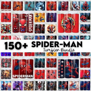 Op de afbeelding: Een verzameling Spider-Man-thema bekers, met verschillende ontwerpen en illustraties van de superheld. De bekers zijn in verschillende kleuren, waaronder rood, blauw en zwart, met de tekst "SPIDER-MAN" en "150+ SPIDER-MAN Tumbler Bundle".