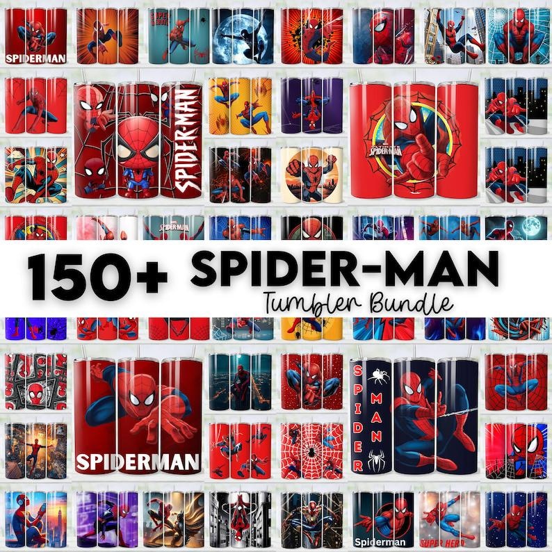 Op de afbeelding: Een verzameling Spider-Man-thema bekers, met verschillende ontwerpen en illustraties van de superheld. De bekers zijn in verschillende kleuren, waaronder rood, blauw en zwart, met de tekst "SPIDER-MAN" en "150+ SPIDER-MAN Tumbler Bundle".