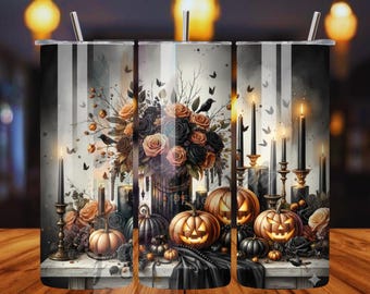 Gothic Halloween Tumbler Wrap: Pumpkins & Roses Sublimation Design (Digital Download)