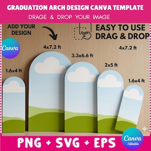 May include: A template for graduation arch designs. The image shows five arch-shaped designs with a blue sky and cloud design. The arches vary in size, with the largest being 4 feet by 7.2 feet. The template is easy to use with drag and drop functionality.