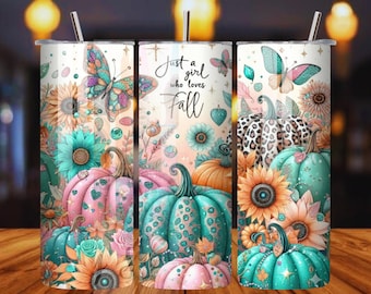 Fall Tumbler Wrap PNG: Teal & Pink Pumpkin Sublimation (Digital Download)