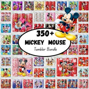 May include: A collection of tumblers featuring various designs of Mickey Mouse and friends. The image includes a large graphic of Mickey Mouse and text that reads "350+ Mickey Mouse Tumbler Bundle". The tumblers have different colors and patterns.