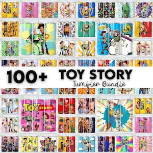 Op de afbeelding: Een verzameling van meer dan 100 Toy Story-tumblers. De tumblers tonen verschillende personages en sc&egrave;nes uit de animatiefilmserie. De tekst "100+ Toy Story Tumbler Bundle" staat in het midden van de afbeelding.