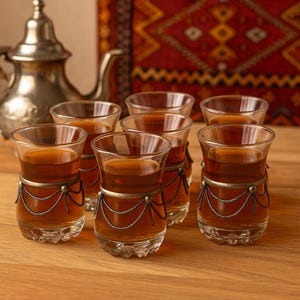 Moroccan Tea Glasses Set of 6 – Handmade Clear Glass with Decorative Metal Trim – Traditional Moroccan Mint Tea Cups – Boho Tableware Gift