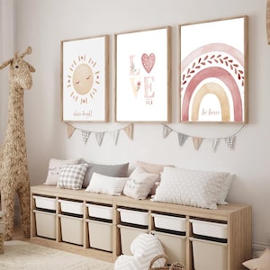 Boho Pink Nursery Wall Art Set | Unframed Prints - Sun, Rainbow, Love Heart | Girls Bedroom Decor | Inspirational Quotes