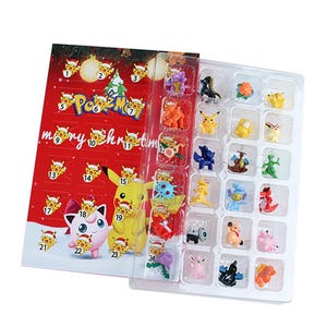 May include: A red cardboard advent calendar featuring Pikachu and Jigglypuff graphics with the text "Pokemon Merry Christmas" and numbered doors, paired with a clear plastic tray containing twenty-four small, colorful plastic character figurines.