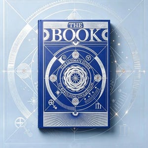May include: A blue hardcover book titled The Book: The Ultimate Guide to Rebuilding Civilization. The cover features intricate silver geometric patterns, circular diagrams, and technical illustrations centered on a stylized floral emblem.