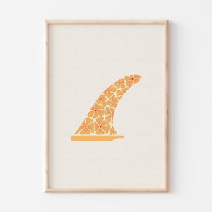 Lámina de aletas de surf: ilustración floral de surf, arte mural costero bohemio, póster de longboard