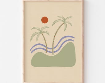 Retro palmboomprint – kunst aan de kust, poster tropisch strand