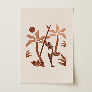 May include: A print featuring a surfer with a surfboard, palm trees, and a sun in shades of brown and beige. The artwork has a minimalist, bohemian style, perfect for adding a touch of coastal decor to any space.