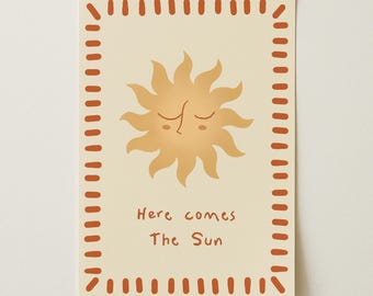 Here Comes The Sun Digital Print — Retro Sun Illustration, Coastal Wall Art Download