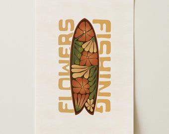 Botanical Surfboard Wall Art Print — Vintage Retro Beach Decor