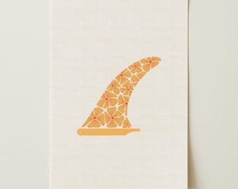 Surf Fin Digital, Art Print, Floral Surf Illustration, Boho Coastal Wall Art Download