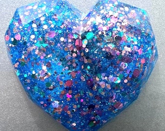Blue Galactic Rainbow Glitter Geometric Diamond Heart Magnet -
