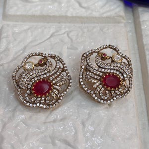 Delicate Pink Ruby88 Gemstone Studs, Moissanite Polki Kundan Jewelry, 925 Silver Indian Wedding Studs, Gold Plated Studs Earrings For Women