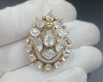 Moissanite Uncut Polki Brooch | Gold Plated Jewelry | Elegant 925 Silver | Handmade Indian Wedding Gift | Unique Brooch Pin