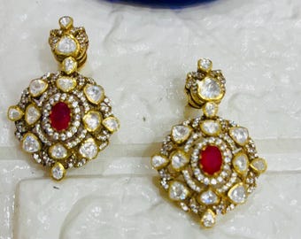 Moissanite Kundan Red Stone Earrings/ Polki Statement Dangle Earrings/ Traditional Indian Jewelry/ Elegant Wedding Earrings