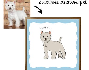 Puede incluir: Una impresión cuadrada enmarcada que presenta una ilustración personalizada de un perro West Highland White Terrier blanco. El perro está representado en un estilo de línea simple sobre un fondo blanco con un borde festoneado azul claro. El nombre buddy está escrito arriba.