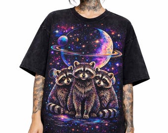 Psychedelic Racoon Moon Space Lovers T-Shirt XXL Full Size Shirt Print