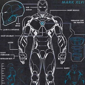 K&ouml;nnte beinhalten: Detaillierte schematische Darstellung der Iron Man Mark XLVI R&uuml;stung, dargestellt in wei&szlig;en Linien auf dunklem Hintergrund. Das Diagramm enth&auml;lt Beschriftungen f&uuml;r verschiedene Komponenten wie das HUD-Display, den Arc-Reaktor und intelligente Raketen. Das Design zeigt die komplizierten Details des Anzugs.