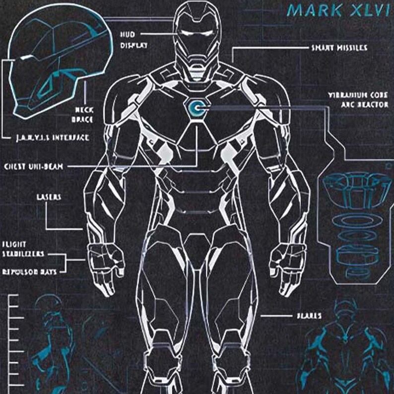 K&ouml;nnte beinhalten: Detaillierte schematische Darstellung der Iron Man Mark XLVI R&uuml;stung, dargestellt in wei&szlig;en Linien auf dunklem Hintergrund. Das Diagramm enth&auml;lt Beschriftungen f&uuml;r verschiedene Komponenten wie das HUD-Display, den Arc-Reaktor und intelligente Raketen. Das Design zeigt die komplizierten Details des Anzugs.