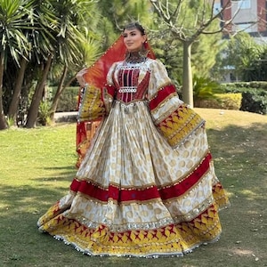 Elegant  white Afghan Dress with Intricate Embroidery and Mirror Work