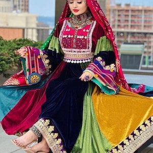 Handmade Black Afghan Velvet Dress Traditional Kuchi Gown with Gold Embroidery