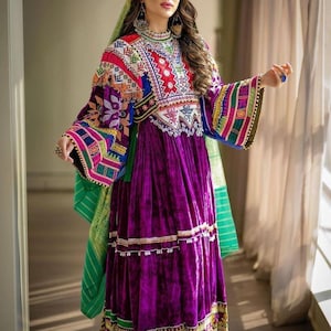 Elegant  Afghan Dress with Intricate Embroidery and Mirror Work