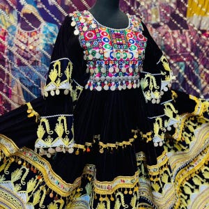 Elegant black   Afghan Dress with Intricate Embroidery and Mirror Work