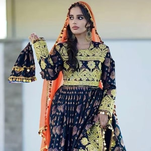 Elegant  black Afghan Dress with Intricate Embroidery and Mirror Work