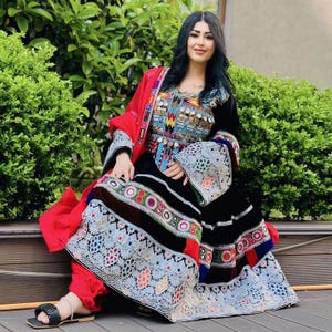 Elegant black  Afghan Dress with Intricate Embroidery and Mirror Work