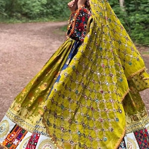 Elegant yallo  Afghan Dress with Intricate Embroidery and Mirror Work