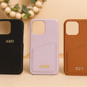 Personalized Vegan Leather iPhone Case with Card Holder, Embossed Monogram