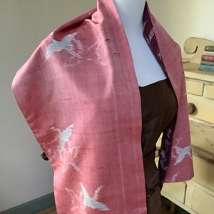 Vintage Japanese kimono silk pink/coral Flying Cranes reversible scarf/wrap