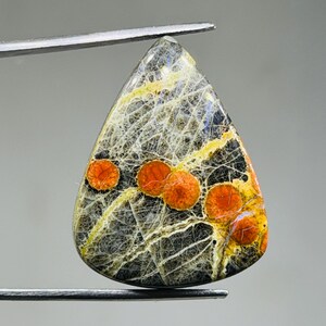 May include: A teardrop-shaped gemstone with a unique pattern. The stone features a network of white veins against a dark gray and black background. Bright orange circular spots are scattered across the surface, with yellow accents.