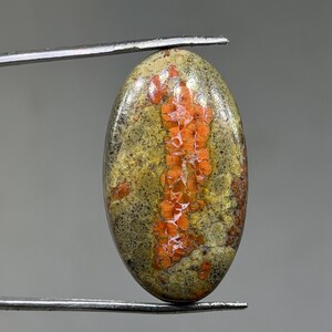 Peut inclure: Une pierre précieuse ovale avec une surface tachetée. La pierre présente des teintes de beige, vert olive et orange. L'orange forme un motif central texturé. Tenue par une pince métallique. Mesure environ 3 cm de long.