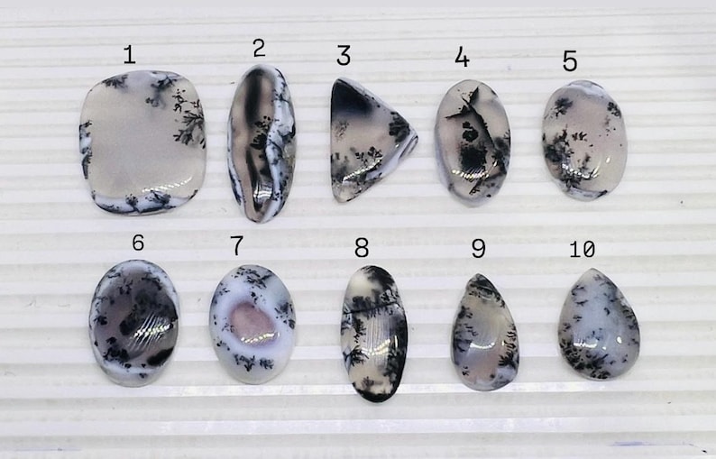 May include: Ten polished dendritic agate gemstones in various shapes, including oval, teardrop, and irregular forms. The stones feature a translucent, milky white base with black and brown dendritic inclusions, creating unique patterns. The gemstones are displayed on a white surface.
