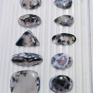 May include: A collection of polished dendritic agate gemstones in various shapes, including oval, teardrop, and triangular. The stones feature a translucent base with black and gray fern-like inclusions. The gemstones are displayed on a white striped surface.