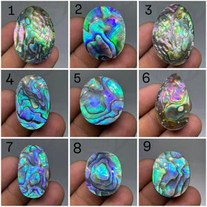 May include: A collection of nine polished abalone shell cabochons, each featuring a unique iridescent pattern with vibrant swirls of blue, green, purple, and pink. The pieces are oval or teardrop-shaped, displaying a natural, glossy, pearlescent finish.