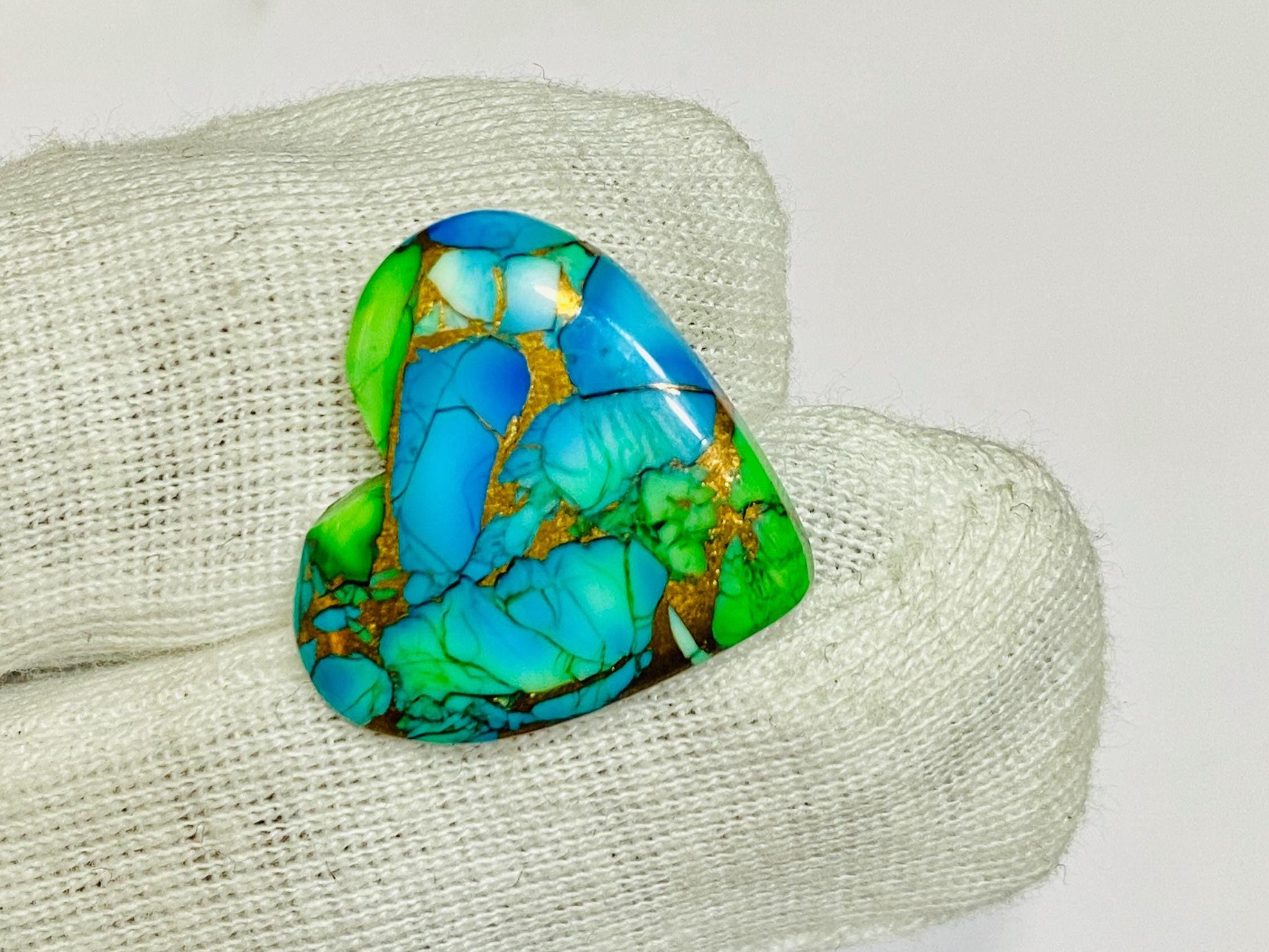 天然石　瑪瑙　ドラゴンストーン　ハート　染色　台座付き⭐️2955 Turquoise Heart Cabochon: Peacock Dahlia Stone, Jewelry Making