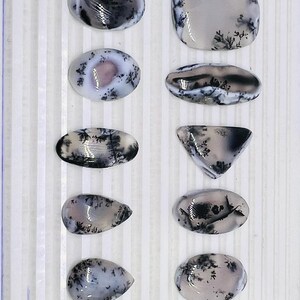 May include: A collection of ten polished dendritic agate gemstones in various shapes, including oval, square, and teardrop. The stones feature a translucent base with black and gray fern-like inclusions. The gemstones are displayed on a white, textured surface.