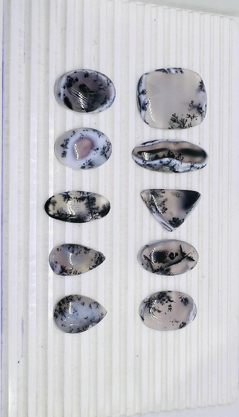 May include: A collection of ten polished dendritic agate gemstones in various shapes, including oval, square, and teardrop. The stones feature a translucent base with black and gray fern-like inclusions. The gemstones are displayed on a white, textured surface.