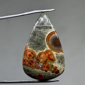 Peut inclure: Une pierre précieuse en forme de goutte d'eau avec un motif unique. La pierre présente un mélange de couleurs, notamment orange, marron et vert, avec une texture tachetée. La pierre est tenue par une pince, mettant en valeur sa surface polie et son design complexe.