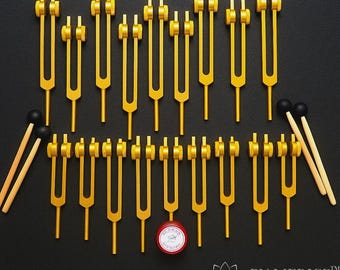 Handmade Gold Solfeggio & Chakra Tuning Fork Set: Weighted, 528 Hz, Healing