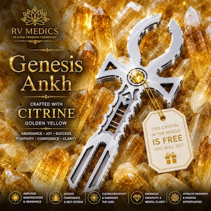 May include: A silver-toned metal Ankh symbol featuring a central golden yellow citrine stone. The object includes a tag with the text: THIS CRYSTAL IN THE MIDDLE IS FREE YOU WILL GET. The background consists of numerous golden yellow crystals.