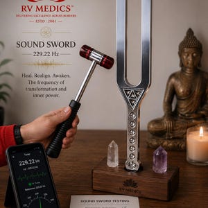 Op de afbeelding: Een zilverkleurige metalen stemvork met het label Sound Sword 229.22 Hz, voorzien van een driehoekige geometrische uitsparing en ingebedde ronde kristallen. Het staat in een rechthoekige houten voet naast twee kristallen en een hamer.
