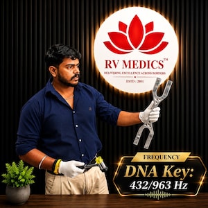 May include: A silver-colored metal tuning fork with a double-pronged design held in a white-gloved hand. A small mallet with a yellow head is held in the other hand. Text reads RV MEDICS, DELIVERING EXCELLENCE ACROSS BORDERS, ESTD: 2001, and DNA Key: 432/963 Hz.