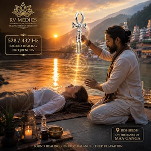 May include: A silver-toned metal ankh-shaped tuning fork with a central crystal, emitting light rays toward a person lying down. Text includes RV MEDICS, 528 / 432 HZ SACRED HEALING FREQUENCIES, and RISHIKESH ON THE BANKS OF MAA GANGA.
