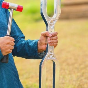 May include: A large, silver tuning fork with a decorative geometric design is held in one hand, while a small mallet with a red head is held in the other. The tuning fork is a musical instrument.